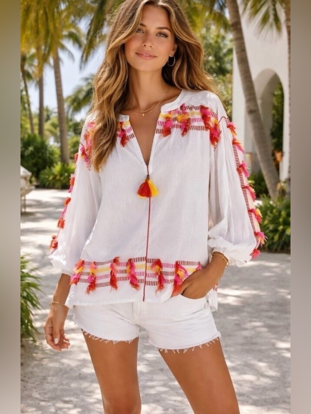 Sz M Anthropologie Roller Rabbit Embroidered Tassel White Shirt